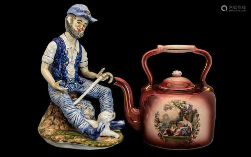 A Capodimonte Figure of a Elderly Gentleman Sat on a Rock with his cane and dog. Full marks to base.