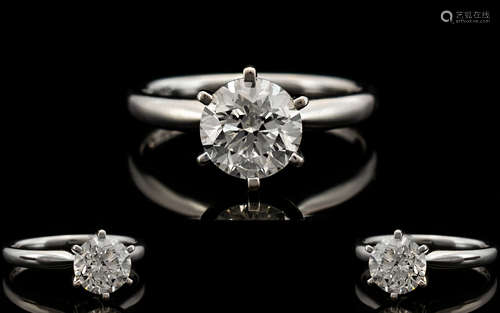 Ladies Superb 14ct White Gold Single Stone Diamond Ring, Contemporary Design. The Round Modern