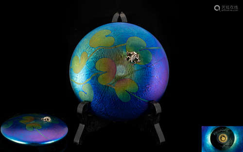 John Ditchfield - Signed Fabulous Art Glass Lily Pad with Tiny Silver Frog to Top Paperweight,