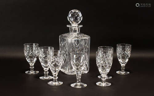 Drinkers Interest - Cut Glass Decanter & Glasses. Square decorative decanter with ornate stopper,