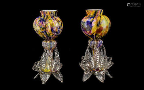 Pair of Bulbous Trefoil 'End of Day Glass' Vases, the cased glass vases, with pink, yellow and royal