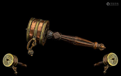 19thC Period Brass and Copper Buddhist Tibetan Prayer Wheel with carved horn handle. All aspects