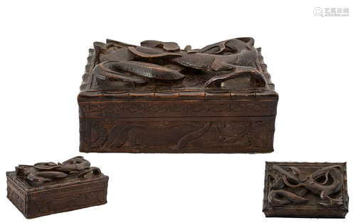 Japanese Early 20th Century Finely Carved Wooden Lidded Trinket Box, The Top Cover with Applied