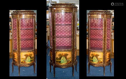 A French Mid 20thC Style Bow Fronted Cabinet with a silk lined interior with two glass shelves.