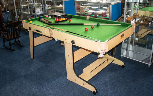 A J and R Table Sports Snooker and Pool Table, Includes 2 cues, triangles and scoring board. In