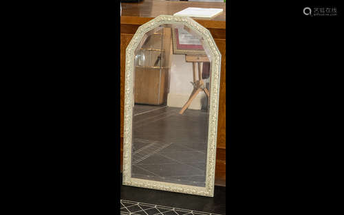 Large Decorative Mirror with bevelled glass and green and gilt frame. Measures approx 40'' x 21''.