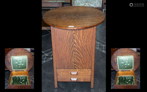 Early 20th Century Adapted Oak Case Sewing Box with circular top, fabric interior with two lower