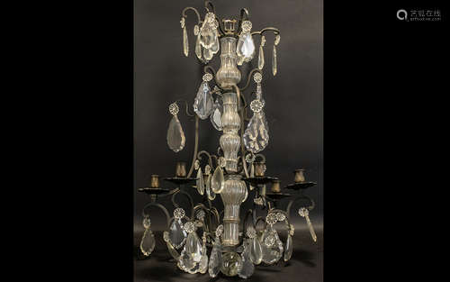 A French Six Branch Chandelier Light Fitting with iron arms and crystal droplets. Total height 30