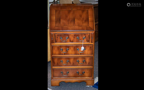 20th Century Yew Wood Bureau with full front fitted interior with green leatherette inset, and