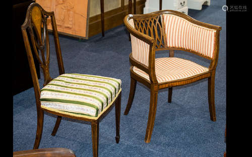 Two Edwardian Inlaid Chairs to include a tub chair with a padded seat and sides, with splayed legs