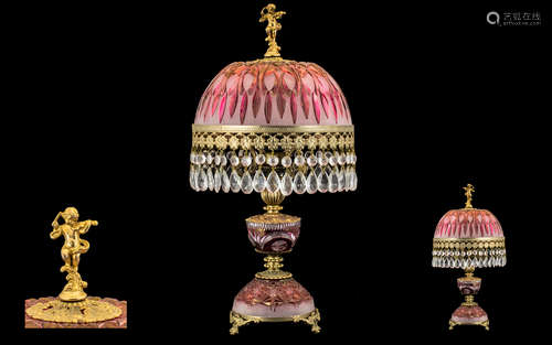 Red Glass Table Lamp, Moulded And Frosted Shade, Knop And Base, With Brass Mounts And Crystal Drops,