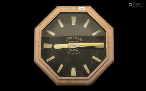 Large Art Deco Cinema Wall Clock, Octagonal Shaped Painted Metal Wall Clock, Black Dial With Baton