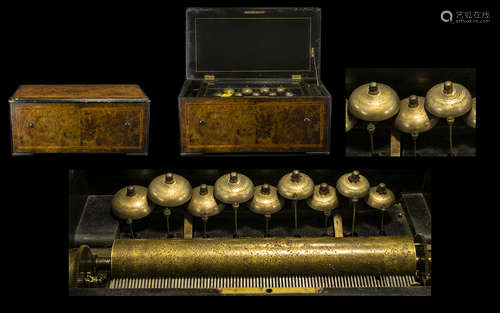 An Austrian Cylinder Walnut Music Box with 9 bells playing 8 airs. A 13 inch cylinder (1 tooth