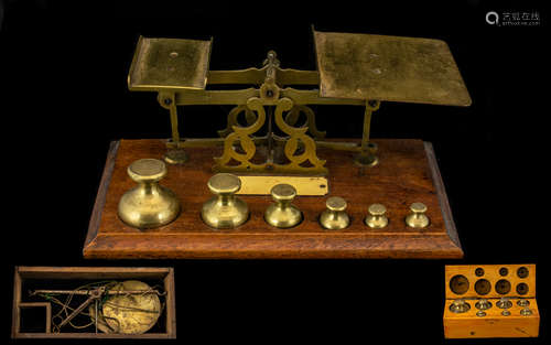 Early 20thC Oak Postage Scales Brass Scales And Bell Shaped Weights, Unmarked Ivory Plaque. Oak Base