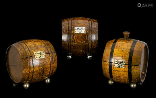 Early 20thC Carved Polished Oak Cased Hinged Tobacco Boxes (3) in total in the form of whisky banded