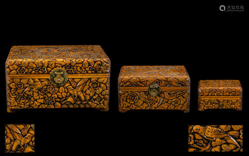 A Collection of Three Carved Graduating Hinged Boxes. Carved throughout and depicting birds and