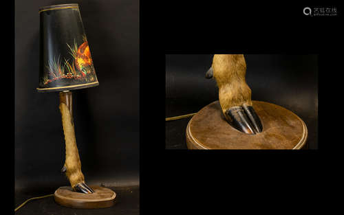 Taxidermy Interest. Mid Century Lamp, Deer Hoof Table Lamp With Game Bird Shade, Overall Height 26