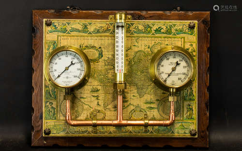 Barometer And Two Pressure Gauges, Connected With Copper Pipe, Mounted On A Printed Map And Wooden