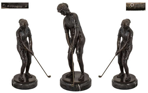 Modern Bronze Golfing Figure Depicting A Figure With Club In Play, Raised On A Circular Marble Base,