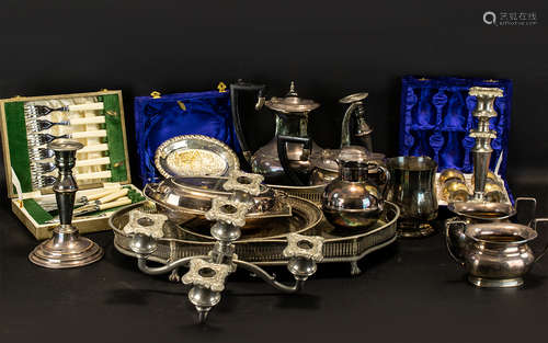 A Quantity Of Silver Plate Items. Comprising, Four Piece Tea Set, Tankard, Candlesticks, Candelabra,