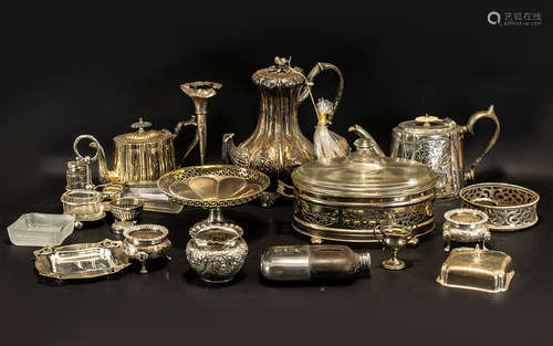 A Collection of Assorted Silver Plated Ware to include teapot, water jug, a Grants Special Whisky