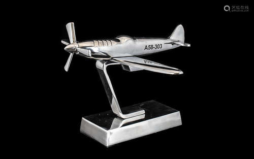 Chrome Desk Top Spitfire A58-303. Lovely chrome model aeroplane on rectangular block stand. Length