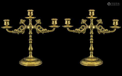 Victorian Period Pair of Fine Brass 3 Branch Candelabra with turned columns on a round bases.