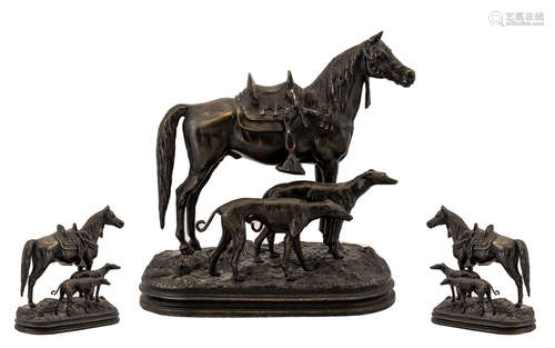 Contemporary Nice Quality Bronze Sculpture of a Riderless Stallion/Horse with Two Dogs, on a grass