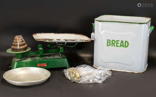 Vintage Enamel Bread Bin. Metal bin in white with green trim, also includes a set of vintage