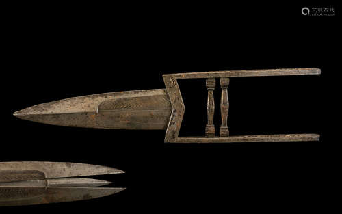 Indian Scissors Katar Late 19thC. Of Typical Form With Silvered Steel Foliate Decoration Throughout.