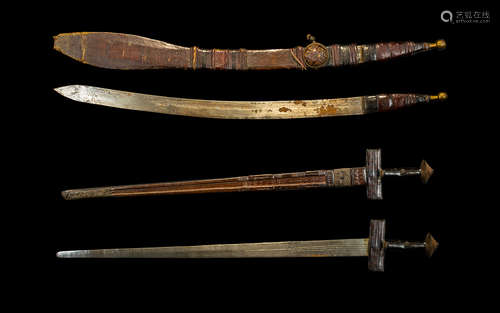 African Nigerian Sword (Takouba) 28 Inch Curved Blade, Leather Scabbard And Grip. c1880. Together