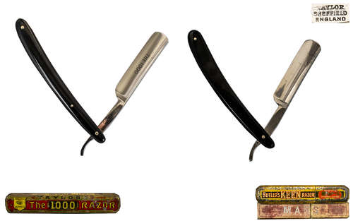 A Fine Quality Collection of Early Antique Period Folding Straight Razors, Still In Wrappers and