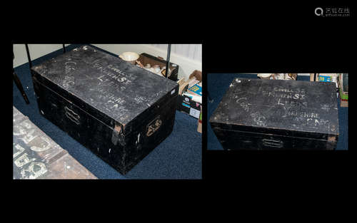 Black Painted Military Chest with brass name plate 'Pickels' and brass carry handles. 34'' width x