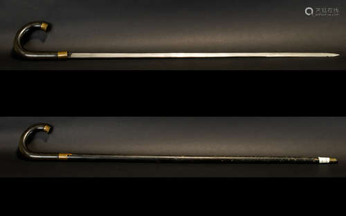 Late 19thC Sword Stick, Plain Form, Brass Mounts, Length 36 Inches.