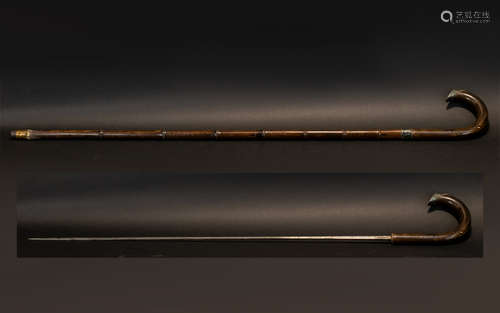 Late 19thC Sword Stick, Bamboo Cane, Silvered Mounts, Length 36 Inches.