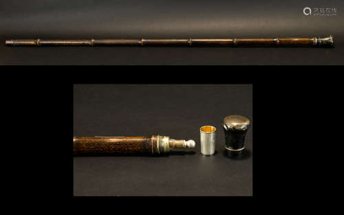 Victorian Bamboo Novelty Walking Cane, Silver Screw To Handle Opens To Reveal A Fixed Glass Flask/