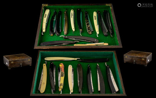 A Fine Collection of Antique Period Various and Assorted Top Branded Straight Razors, Some Top