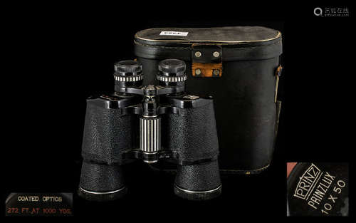 Pair of Prinz Vintage Binoculars with coated optics 10 x 50 in original case. Please see images.