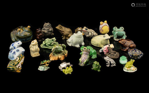 Collection of Ornamental Frogs to include ceramic and pottery frogs, an enamel pin brooch frog, a