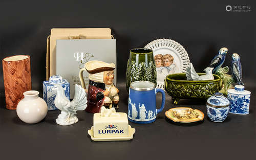 A Box of Assorted Pottery to include Poole pottery, Jenna Budgie Figures, a pair of ribbon plates, a