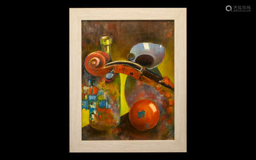 Oil Painting by Hadrian Richards 'Still Life With Violin' dated 2017. Framed in contemporary cream