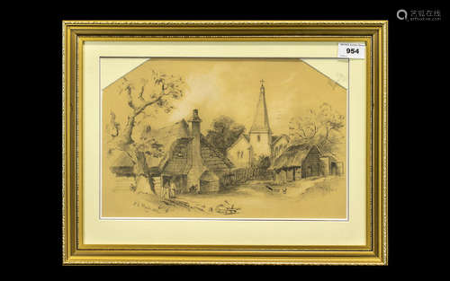 Framed and Glazed Pencil Sketch signed J E Rush 1882 lower left. 'Country Church and Cottage