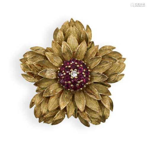 14k Gold, Ruby and Diamond Floral Brooch