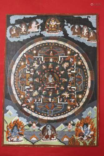 THANGKA représentant un Mandala, parmi des divinit…