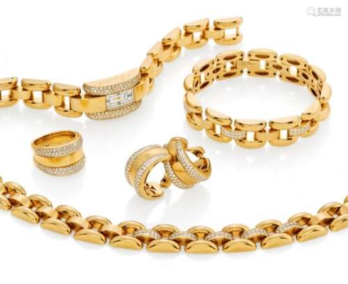 CHOPARDLa Strada. Diamant-Set: Collier, Armband, Ohrclips, Ring und Damenuhr. Schweiz, um 1990.