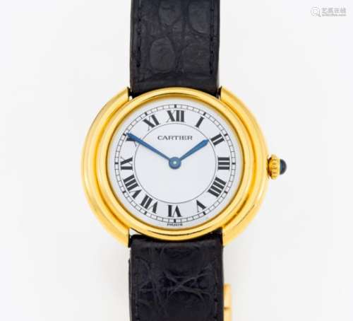 CARTIERSchweiz, um 1980/90. Herrenuhr. Handaufzug. 750/- Gelbgold, schwarzes Lederband, Cartier-