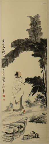 CHINESE SCROLL PAINTING OF MAN UNDER BANANA LEAF