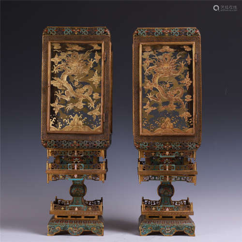 PAIR OF CHINESE CLOISONNE DRAGON SQUARE PALACE TABLE LARTEEN