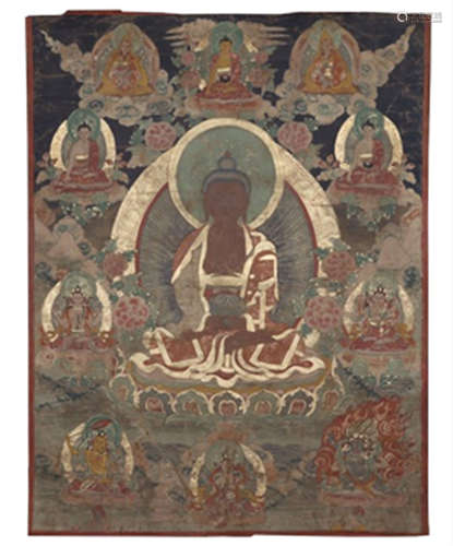 TIBETAN COLOR PAINTED THANGKA OF SEATED BUDDHA