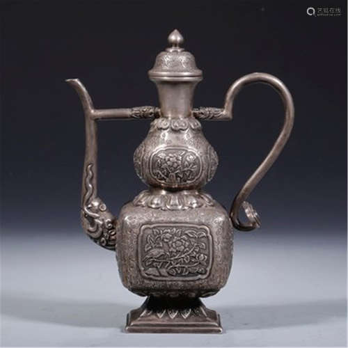 CHINESE SILVER FLOWER LIDDED HANDLE GOURD KETTLE